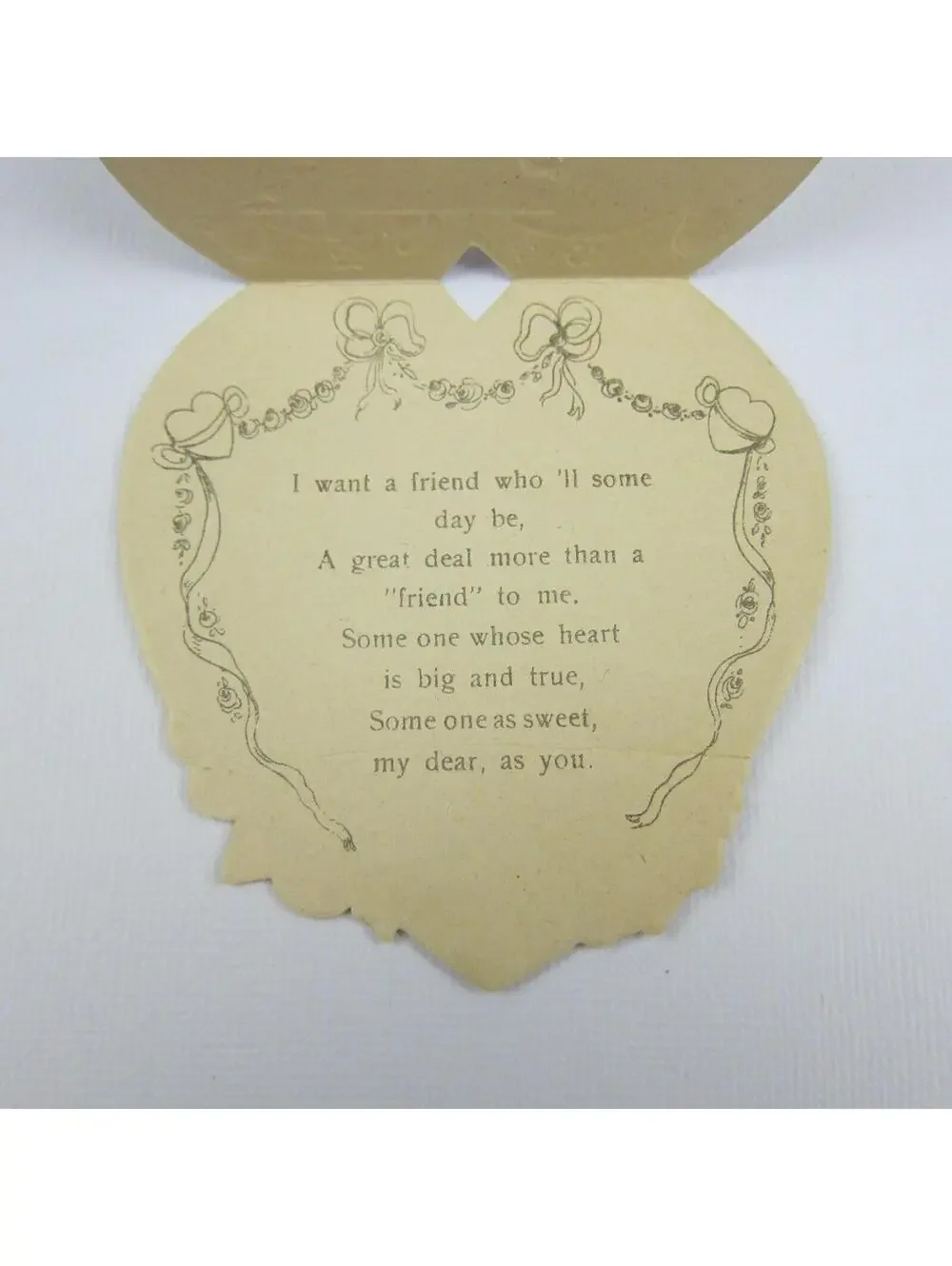 Vintage Valentine Card Die cut Girl Red Dress Blue Yellow Flowers Gold UNSIGNED